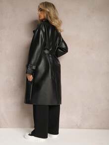 Imitation Leather Coat With Large Collar And Belt - Black - View 3