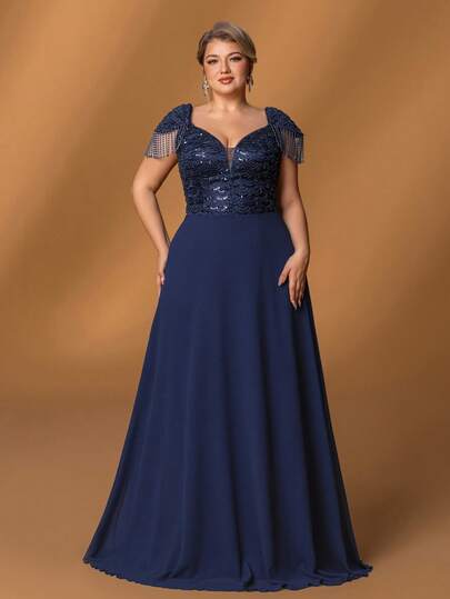 Faeriesty Vestido de madre de la novia Mosy Plus: Elegante vestido de noche de gasa con bordado de lentejuelas y escamas de pescado - Hombros con flecos en capas, falda fluida hasta el suelo y espalda en V profunda para bodas, eventos de alfombra roja, cenas formales y actuaciones teatrales