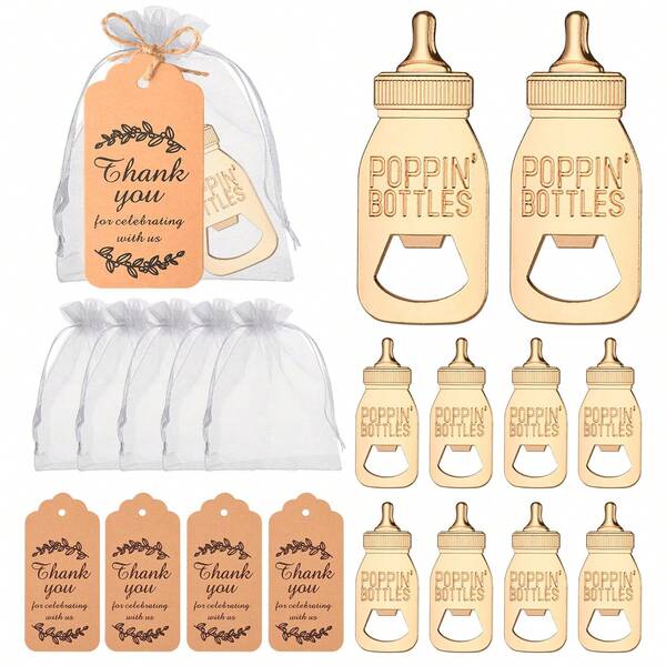 Juego de abrebotellas de bebé dorado con bolsa de , cuerda de yute y tarjeta de agradecimiento, ideal para: bautizo de bebé, fiesta de revelación de género, celebración de cumpleaños, eventos de entrega de regalos, regalos del Día de San Valentín, accesorios de cocina y bar, recuerdos de fiesta