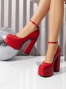 Women's High Chunky Platform Square Toe Heels Pumps Closed Toe Block Ankle Strap Solid Color Dress Fashion Party Y2K Shoes For Fall And WInter - 紅色/PU - 查看 3