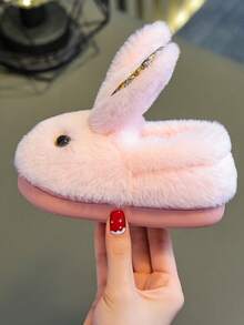 1pair Rabbit Style Children Slippers For Winter, Girls' Cartoon Indoor House Shoes, Warm Anti-Skid Slippers