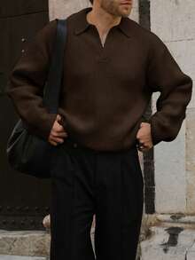 Men's Ribbed Polo Neck Sweater, Casual Loose Fit Pullover Knitted Top, Suitable For Autumn And Winter - màu nâu - Xem 2