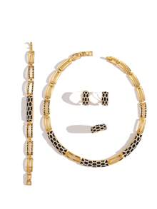 1set Retro Bronze Alloy Oil Drip, Rhinestone Inlaid Snake Pattern Design Earrings, Ring, Bracelet, Necklace Jewelry Set For Women, Suitable For Daily Wear - Yellow Gold - View 10