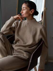 GIGOGOU 两件套秋冬女士毛衣套装休闲针织裤运动服秋季衣服 - 卡其色 - 查看 8