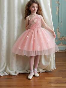 Young Girls' Faux Pearl Shoulder Sequin Mesh Bow Back Elegant Dress, Suitable For Flower Girl, Birthday Party, No Headband Included