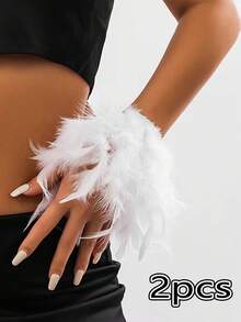 2 piezas/1 pieza Brazalete nupcial de estilo bohemio con plumas falsas - Elegante, encantador, lujoso, accesorio de moda para mujer - Adecuado para fiestas, reuniones, citas, festivales, cosplay, fotografía, actuaciones de baile, decoraciones de boda, regalos para amigos [Halloween, Navidad, temporada de vuelta al colegio]