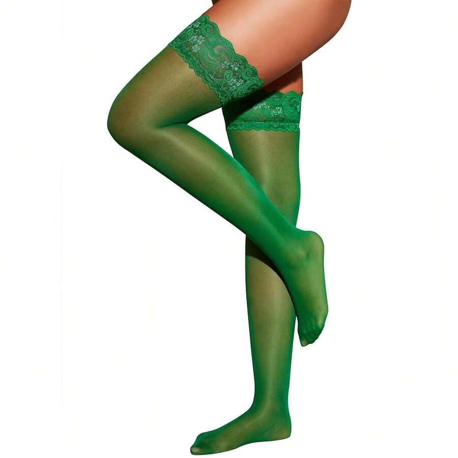 Women's Lace Top Thigh High Sheer Stockings Antiskid Silicone Ultra Shimmery Pantyhose - 綠色 - 查看 1