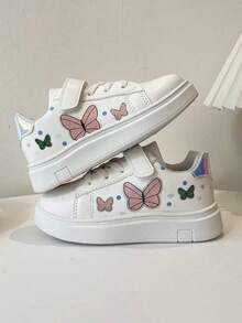 1 Paar Lässig & modische Skaterschuhe für Kinder, Schulanfang, aus PU-Leder Patchwork Obermaterial, weich & bequem, leicht, mit niedlichem Schmetterlingsdruck verziert, praktischer Klettverschluss, geeignet für Innen, Außen, Spiel, Festivals und andere Anlässe