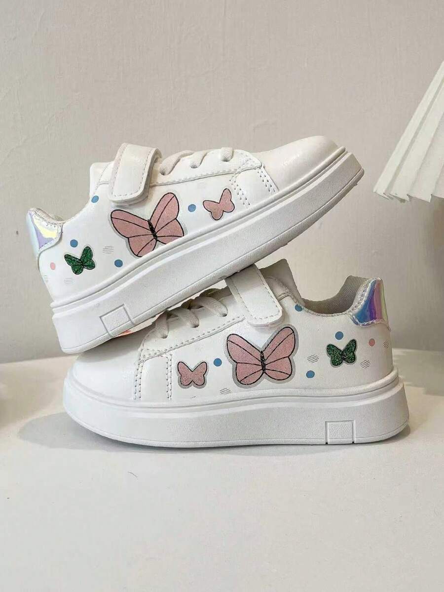 1 Paar Lässig & modische Skaterschuhe für Kinder, Schulanfang, aus PU-Leder Patchwork Obermaterial, weich & bequem, leicht, mit niedlichem Schmetterlingsdruck verziert, praktischer Klettverschluss, geeignet für Innen, Außen, Spiel, Festivals und andere Anlässe