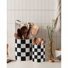 Checkered Utensil Holder, 15.8 Inch Ceramic Spatula Holder, Black Cooking Kitchen Utensil Holder Countertop, Kitchen Decor And Accessories Counte
