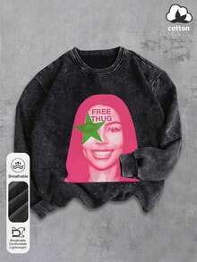 Women's Autumn And Winter Retro Portrait Print Casual Simple Loose Daily Street Retro Comfortable Washed Long-Sleeved Round Neck Sweatshirt