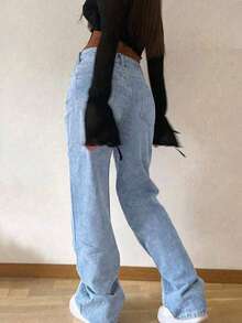 Girl's Casual High Waist Straight Leg Versatile Jeans, Suitable For Outings