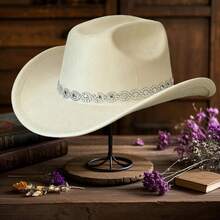 Rhinestone Cowboy Hat For Women, Summer Hats For Women Fashion Western Cowgirl Hats, Elegant Wide Brim Fedora Cap For Party & Daily - 米色 - 查看 5