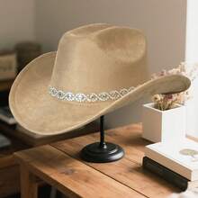 Rhinestone Western Cowgirl Hats Fashionable Elegant Wide Brim Fedora Caps For Women And Men - 卡其色 - 查看 6