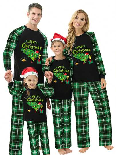 Christmas Pajamas For Family Funny Elf  Tree Print Long Sleeve Tops + Trousers Set Holiday Nightwear