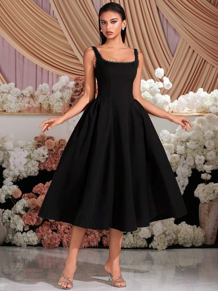 Váy dự tiệc midi cổ vuông ren cạp cao màu đen thanh lịch cho buổi dạ hội, tiệc sinh nhật, hẹn hò buổi tối, tiệc về quê, tiệc cưới, tiệc cocktail cho khách, lễ hội gia đình