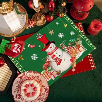 1pc Christmas Snowman Santa Claus Reindeer Print Placemat, Heat Insulation Pad, Holiday Decor, Home Decoration, Christmas Ornament, Holiday Gift Christmas Decorations Room Decor Winter