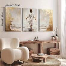 3-Piece Jesus Walking On Canvas Wall Art With Frame, Christian Faith Inspiration In Soft Tones With Gold Accents, Waterproof And Durable, Suitable Bedroom, Living Room, Or Dormitory Decoration Home Decor Bedroom - 彩色 - 查看 6