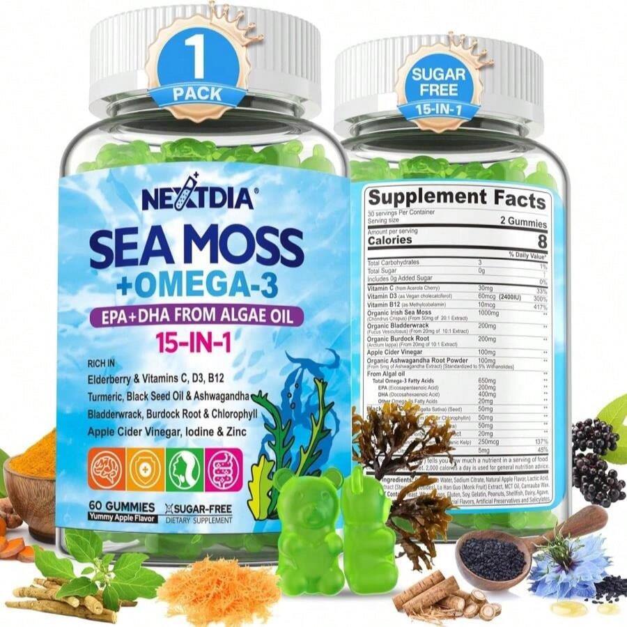 Sea Moss Gummies + Algae Omega-3 For Adults, 15-IN-1 Organic Irish Sea Moss Superfood With_Vitamins C D3 B12, Turmeric, Bladderwrack, Supports Energy, Brain, Immune, Daily Vitality, Sugar-Free, 60 Cts - Flavor NameA - 查看 1