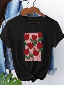 Mujer Camiseta de Mujer México  Casual Versátil  Cómodo y Elegante Camiseta de manga corta negra con estampado de tulipanes rojos y el nombre "Angelo" impreso. - Negro - Ver 1