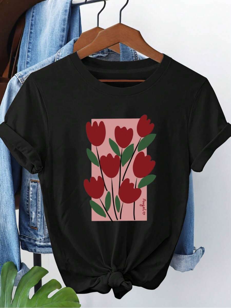 Mujer Camiseta de Mujer México Casual Versátil Cómodo y Elegante Camiseta de manga corta negra con estampado de tulipanes rojos y el nombre "Angelo" impreso. - Negro - Ver 1