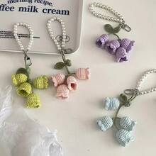 Creative Cute Girl Pearl Chain Yarn Crochet Orchid Flower Keychain Bag Decoration Buckle - Hoa linh lan - Trắng - Xem 1