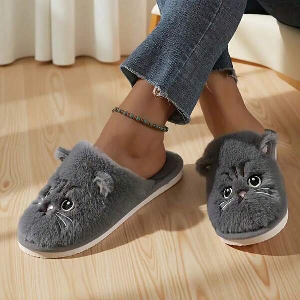 Plush Cat Design Slippers, Cute Cartoon Cat Pattern Warm Indoor Home Shoes, Suitable For Autumn/Winter, Unisex, Soft EVA Material Women Slippers, Adorable House Slippers, Women Outdoor Slippers, Cozy Slippers, Comfortable Slippers, Homey Slippers, Fun Design, Delightful Foot Gear, Soft Fabric, Compact Slippers, Adorable Footwear, Couple Slippers, Household Foot Accessories