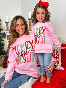Mommy And Me Matching Christmas Sweatshirts Family Matching Xmas Outfits Long Sleeve Crewneck Let It Snow/Merry Christmas/Merry Bright Letter Print Sweatshirts Pullover Tops Winter Fall Clothes - 粉色 - 查看 4