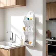 [1pc Wall-Mounted Shelf] 3 Layer PVC Wall-Mounted Bathroom Shelf Punch-Free Bathroom Wall Hanging Storage Racks Bedroom Living Room Bathroom Finishing Storage Shelves White Elegant Dual-Tier No-Drill Wall-Mounted Bathroom Shelf | Storage Organizer For Shower Gel & Cosmetics With Hooks, Bathroom Organizers And Storage - Multicolor - View 10