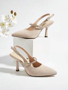 Almond Faux Suede Rhinestone Decor Stiletto Heel Slingback Pumps, Versatile For Daily Wear, Banquet, Party, Fashion Women High Heels, Rhinestone Color And Quantity Random - Apricot - View 1