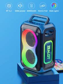 ZEALOT PT02 60W High-Power Wireless Speaker, Portable Outdoor Subwoofer With 1 Speaker, 8000mAh Battery, RGB Lights, Compatible With SD Card/USB/AUX, Supports Dual Speakers, Hands-Free Calling, Suitable For Outdoor Events, Home Parties, Beach Parties