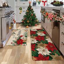 1/2pcs Christmas Floor Mat, Classic White Red Floral And Green Foliage Pattern Kitchen Floor Mat, Christmas Atmosphere Decoration, Kitchen Floor Mat, Room Decoration, Perfect For Dining Room, Hallway, Bathroom, Bedroom And Doorway - Multicolor - View 6