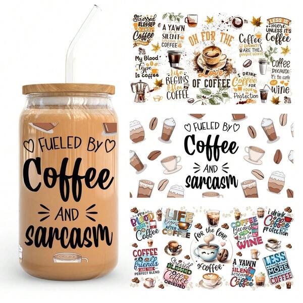 Funny Coffee Quotes Coffee Lover UV Dtf Wraps For 16 Oz Glass Can Cup, Fueled By Coffee And Sarcasm Uv Dtf Cup Wraps For Glass Cup Bottle Tumbler Mug, Waterproof Uvdtf Cup Wraps For Laptop Diy Craft Decorations, Uv Dtf Decals Water Bottle Stickers