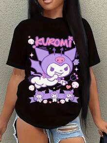 SANRIO Women's Short-Sleeved Crew Neck Casual T-Shirt With  Print. Made Of Pure Cotton. Machine Washable. Suitable For All Seasons. Summer Wear. Fun, Sexy, Avant-Garde And Personalized Design. Opaque Fabric. - 黑色 - 查看 1