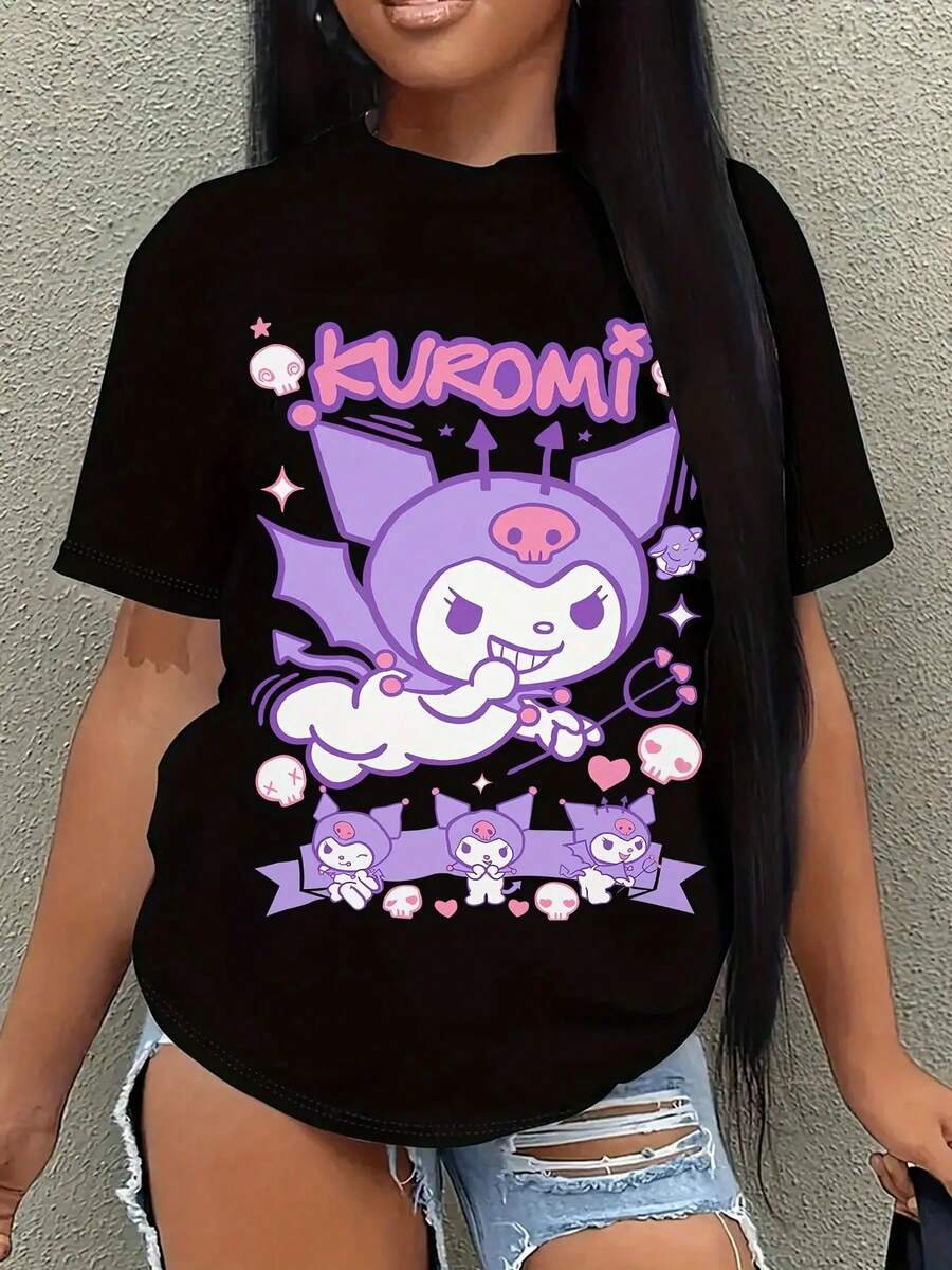 SANRIO Women's Short-Sleeved Crew Neck Casual T-Shirt With  Print. Made Of Pure Cotton. Machine Washable. Suitable For All Seasons. Summer Wear. Fun, Sexy, Avant-Garde And Personalized Design. Opaque Fabric. - 黑色 - 查看 1