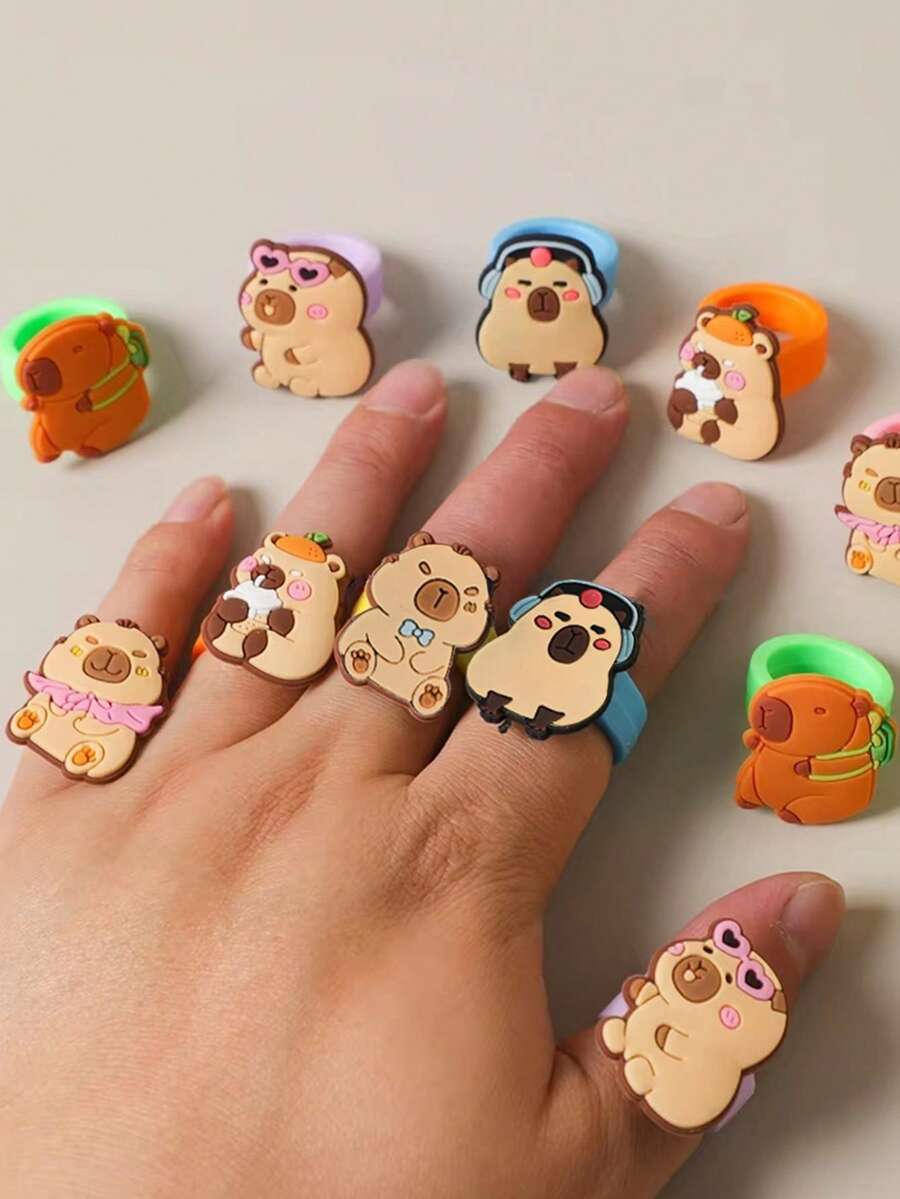 24Pcs Cartoon Animal Capybara Silicone Rings For Kids Birthday Party Favors School Rewards Pinata Fillers Baby Shower Goodie Bag Baby Shower Party Gift
