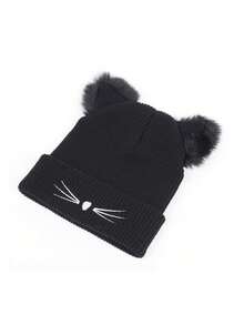 Knitted Cat Ear Embroidered Beanie Hat, Cute & Warm Ski Cap For Autumn/Winter
