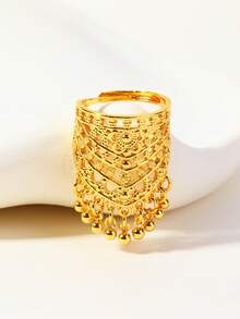 1pc Fashionable Hollow Floral Beaded Tassel Adjustable Ring For Women, Suitable For Party, Gift, Daily Wear