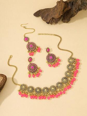 4件套奢华复古宝莱坞风格头饰套装，手工串珠流苏装饰项链、耳环、头链和发链，浪漫玫瑰吊坠，适合女性婚礼、派对、母亲节、节日礼物