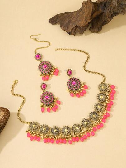 4pcs/Set Luxury Vintage Bollywood Style Headpiece Set, Handmade Beaded Tassel Decor Necklace, Earrings, Headchain And Hair Chain, Romantic Rose Pendant, Suitable For Women's Wedding, Party, Mother's Day, Holiday Gifts