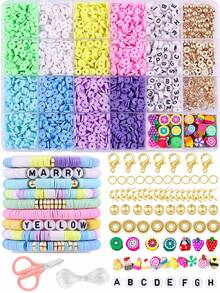 24 Colors 6mm Polymer Clay Flat Disc Beads, DIY Necklace, Bracelet, Phone Strap, Keychain Jewelry Making Kit With Alphabet Discs, Scissors, Elastic String, Metal Charms, Clasps, Bohemian Style Jewelry Set - Multicolor - View 13