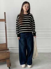 DAZY Tween Girl Oversized Crew Neck Striped Knitted Sweater, Autumn,Back To School Clothes - Black - View 4