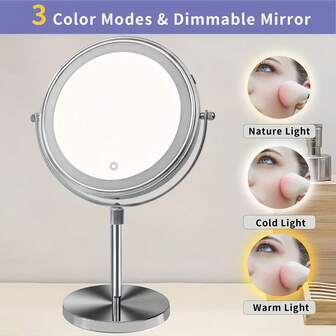8-Inch Illuminated Vanity Mirror, Magnification, 3 Light Colors, Adjustable Brightness And Height, 360 ° Rotation, 10x Magnifying Glass With Light, Women's LED Vanity Mirror - Chrome Color
