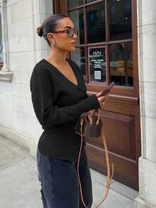 For Love & Bella Women's Sexy & Elegant Deep V-Neck Solid Brown Knit Cardigan, Fitted Minimalist Button Front Knit Sweater, Autumn/Winter - Black - View 4