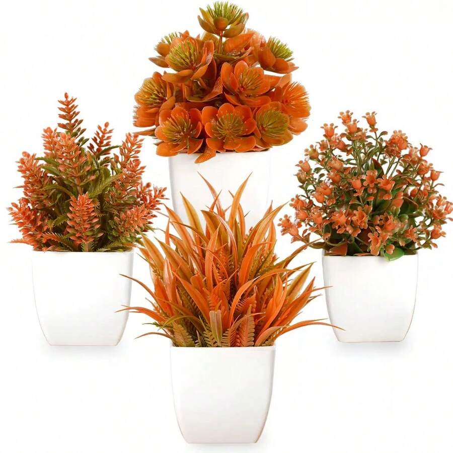 MEHELANY 4/1個仿真橘色花盆，秋季仿真植物，塑料仿真花盆，迷你仿真植物，白色花盆，適用於居家室內辦公室餐桌、農舍、浴室裝飾、庭院裝飾、禮物、花園裝飾、戶外植物、園藝、仿真花（1盆隨機）