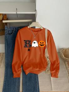 女式秋冬南瓜蜘蛛和幽灵图案长袖圆领运动衫，休闲宽松百搭风格橙色上衣，时尚女装，适合日常穿着 - 橘色 - 查看 2