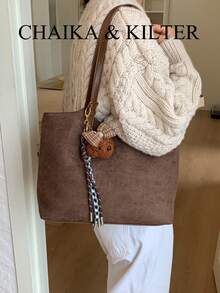 1 pezzo Borsa a spalla in tessuto scamosciato tinta unita, borsa casual retrò da donna con chiusura a scatto e cerniera, borsa a tracolla di grande capacità adatta per viaggi, shopping, appuntamenti, regalo da donna, adatta per ragazze adolescenti, studenti universitari e lavoratori d'ufficio, ideale per ufficio, scuola, lavoro, pendolarismo, attività all'aperto, viaggi, picnic (venduta con ciondolo)