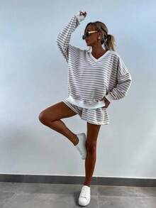 Pajamas Set Women's Striped Print Color Patchwork Thread Cuff V-Neck Home Wear Casual Set