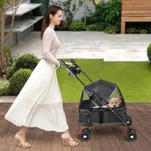 Collapsible Pet Transport Trolley, Suitable For Dogs And Cats, Shock-Absorbing Wheels, 360° Swivel Wheels, Mesh Window, Removable Inner Lining, Load Capacity Up To 10 Kg, With Mesh Cover, 50x70x95cm - 黑色 - 查看 12
