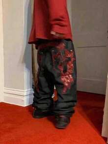 Men's Hip-Hop Retro Skull Embroidered Washed Denim Pants Y2K Jeans Gothic Straight Tube Loose Wide Leg Pants - Black - View 2